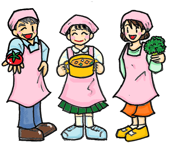 ピンクのエプロンをつけて鍋や野菜を持った3人の男女が並んでいるイラスト