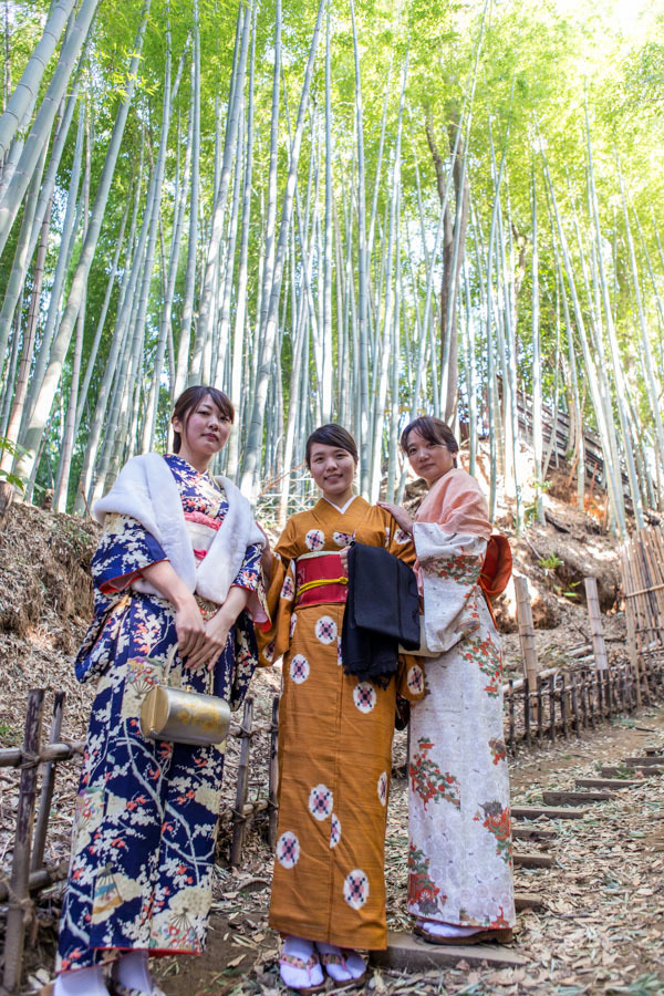 ひよどり坂の空高く伸びている竹の前で着物着た女性3名の写真