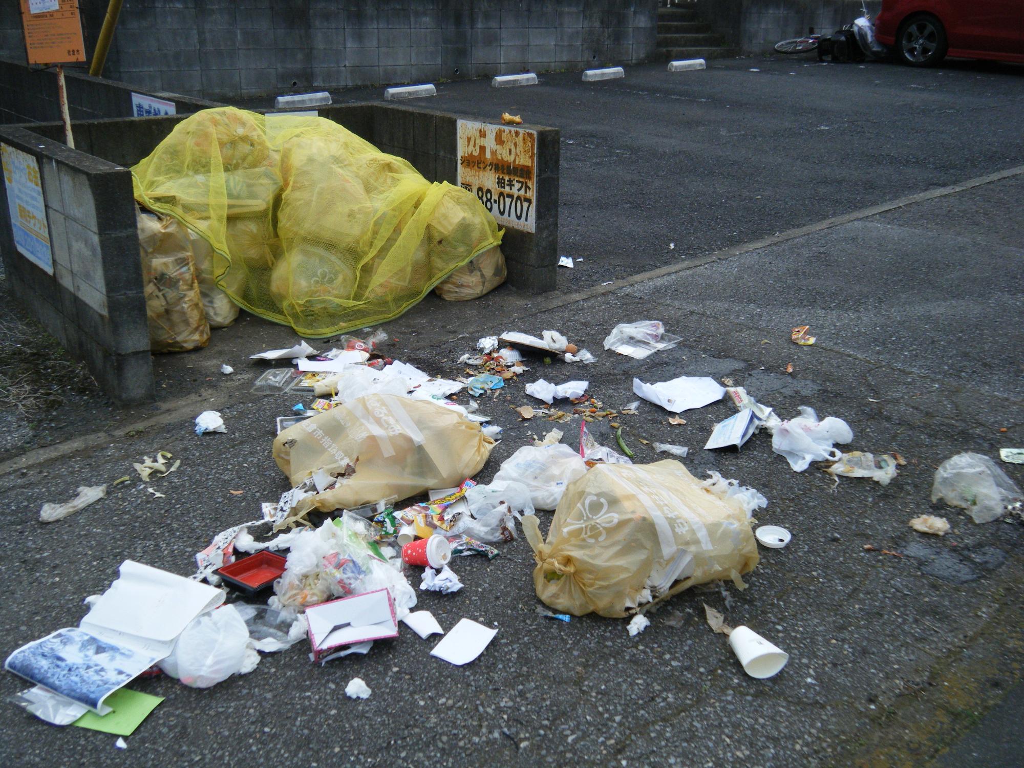 ごみの集積所のネットがかけられたごみ袋と、集積所の前の道路に散乱しているゴミの写真