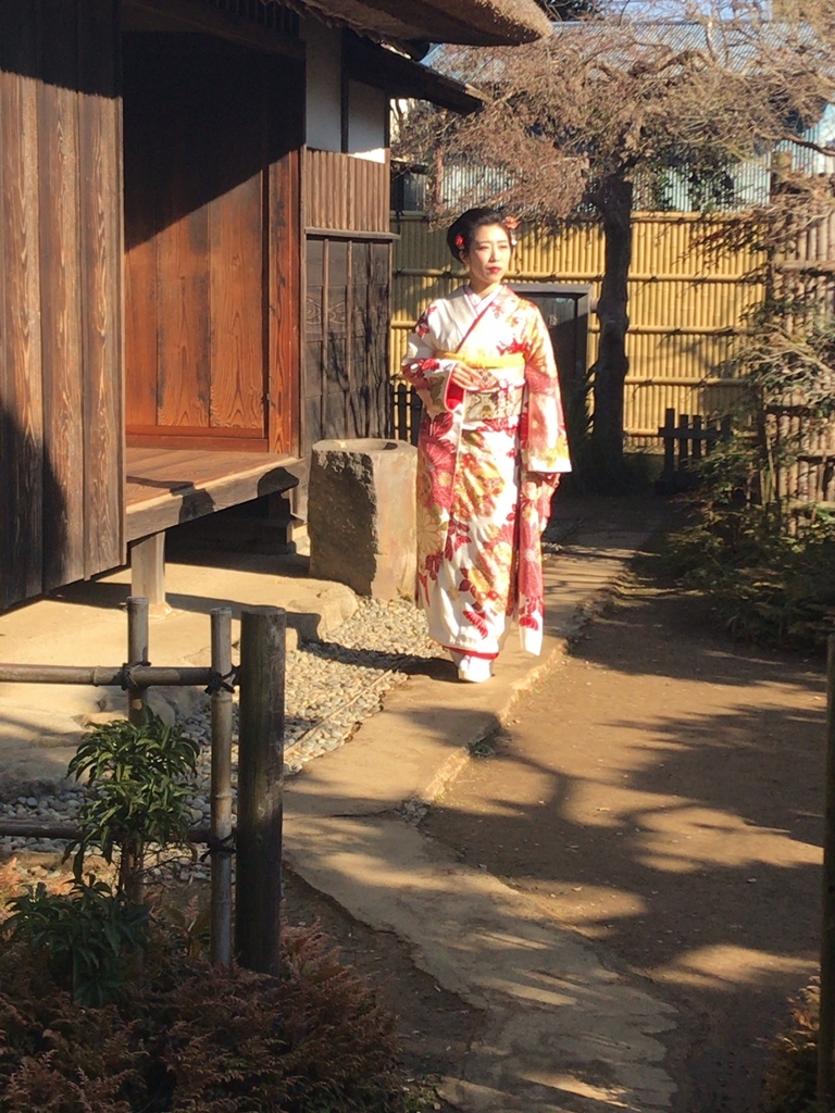 艶やかな振袖を着た津吹みゆさんが武家屋敷の庭を歩いている写真
