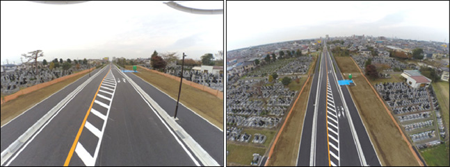 左：完成したばかりの勝田台・長熊線の道路の写真、右：完成したばかりの勝田台・長熊線の道路の空撮写真