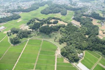 樹々に覆われた本佐倉城跡を空撮した写真