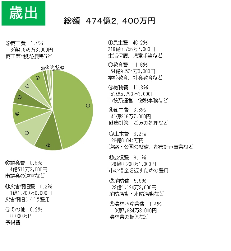 歳出額の一覧とその割合を示す円グラフ