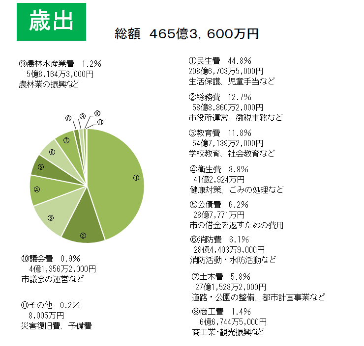 歳出の金額とその内訳の一覧の円グラフ