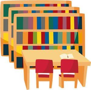 本棚が並んでいる手前に机と椅子がある様子が描かれた図書室のイラスト