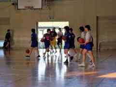 複数の女子生徒が体育館内でバスケットの練習をしている写真