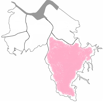 根郷・和田・弥富圏域にあたる部分ををピンク色で塗りつぶした佐倉市の地図