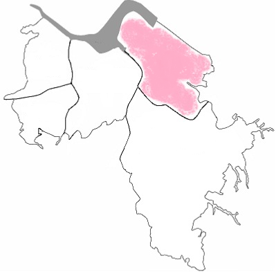 佐倉圏域にあたる部分ををピンク色で塗りつぶした佐倉市の地図