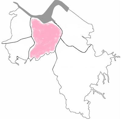 臼井・千代田圏域にあたる部分ををピンク色で塗りつぶした佐倉市の地図