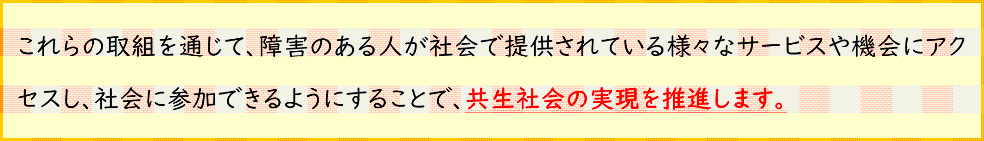 これらの取組を通じて、障害のある人が社会で提供されている様々なサービスや機会にアクセスし、社会に参加できるようにすることで、共生社会の実現を推進します。