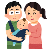 赤ちゃんを抱っこ紐で抱っこしているお父さんと寄り添っているお母さんのイラスト