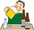 机の上に日本酒やビール瓶が置いてあり、ジョッキでビールを飲む男性のイラスト