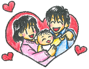 赤いハートマークの中に描かれた父親、母親、赤ちゃんのイラスト