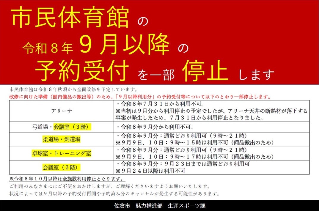市民体育館の予約受付停止について