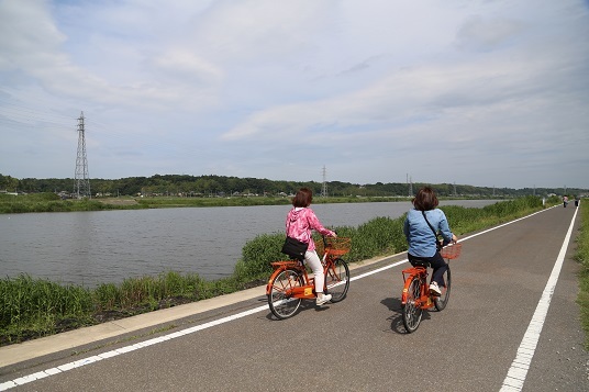 2名の方がレンタサイクルに乗り川沿いの道を走っている様子を後ろから写した写真