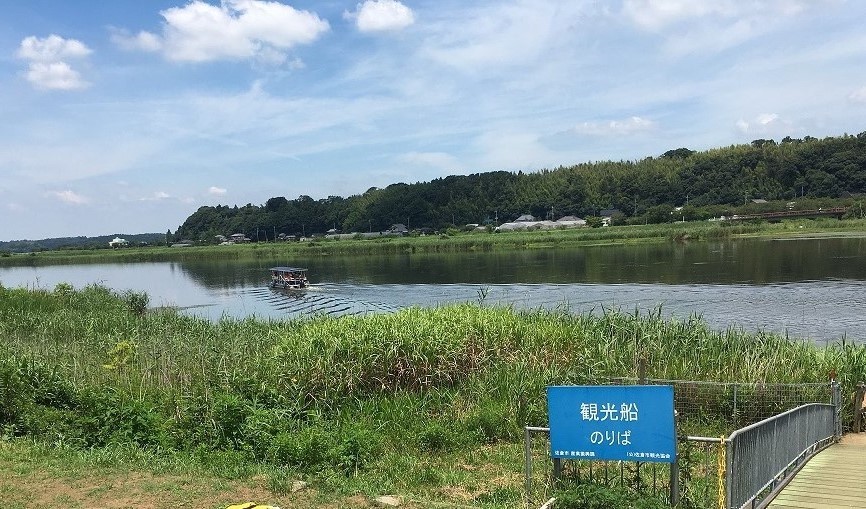 手前の右側に「観光船のりば」の看板と桟橋があり、奥に穏やかに流れる川、その川中に一艘の船が浮かんでいる写真