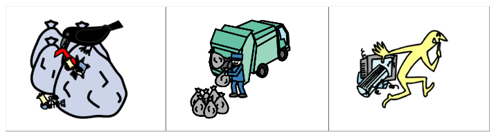 左から、ごみ袋を破ってごみを散らかしているカラスのイラスト、ごみ収集車にごみ袋を積み込んでいるイラスト、不法投棄のイラスト