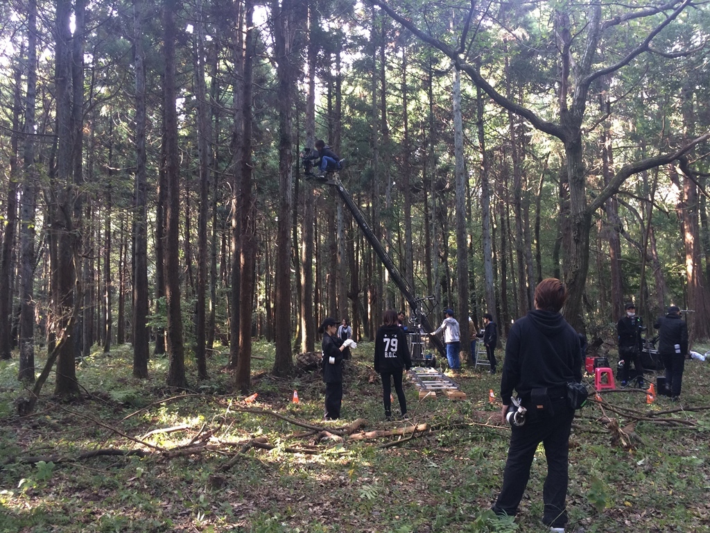 木々の沢山生えた森の中で、撮影用のクレーンが高く上がり、カメラマンの方がクレーンの上から撮影をしている様子の写真