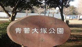 大きな木を輪切りにした看板に白文字で「青菅大塚公園」と書かれている写真
