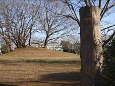 「大作緑地公園」と書かれた木彫りの看板から見た、奥の大きな樹木が生えている小高い丘の写真