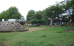 樹木に囲まれた園内左から大きなコンクリート製の山、すべり台、ブランコ、鉄棒などの遊具が設置されている内郷街区公園の写真