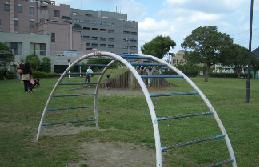 園内に小さな丘やうんていなどの遊具が設置されて子供たちが遊んでいる町田南公園の写真