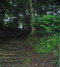 木々に覆われた薄暗い階段を下から写した寺前公園の写真