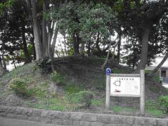 「上志津大塚1号塚」と書かれた園内板の奥に、木々が生えているこんもりと盛り上がった塚の写真
