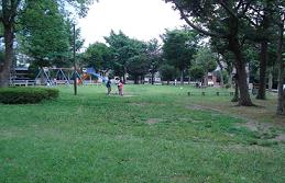 周囲に樹木が立ち並び、奥に遊具が設置され芝生広場が広がっている西ヶ作公園の写真