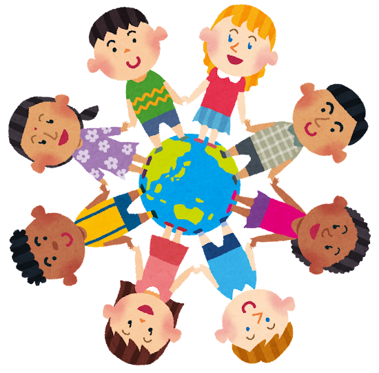 様々な国の子供たちが地球の上に立ち手を繋いで輪になっているイラスト