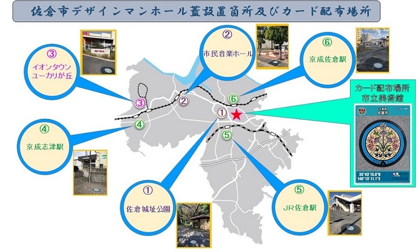佐倉市デザインマンホール蓋設置個所及びカード配布場所の地図