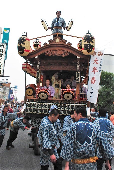 「栄町」の神輿の上で両手に堤灯を持った男性1人が仁王立ちをしていて、その下に法被姿の参加者が集まっている写真
