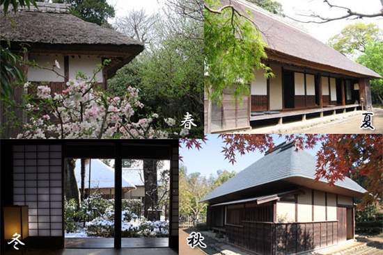 左上：桜が咲いている佐倉武家屋敷、右上：縁側が見える夏の佐倉武家屋敷、左下：庭の雪が見える冬の景色、右下：紅葉がきれいな秋の佐倉武家屋敷の写真