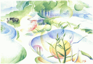 自然が広がる中に3箇所池が見える昔話「二股の葦」をイメージした水彩画