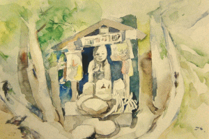 屋根付きの小さな小屋にお地蔵さんが祀られ、お地蔵さんの前にいくつかの石が並べられている昔話「いぼ神様」をイメージした水彩画