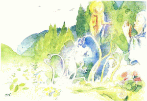山に囲まれた自然の中で尼さんがお地蔵さんを拝んでいる昔話「渋無蕨」をイメージした水彩画