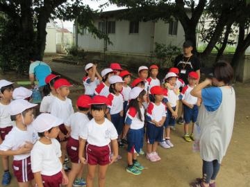 赤白帽子を被り、体操服の園児や小学生が整列して並んでいる写真