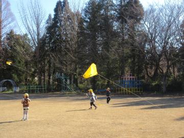 園児たちが広場で凧揚げをしている写真