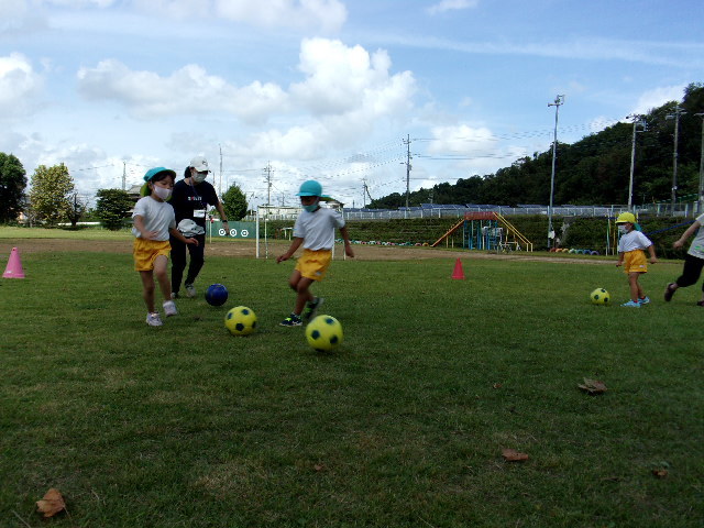 芝生の上で、サッカーボールを蹴る園児と女性の写真