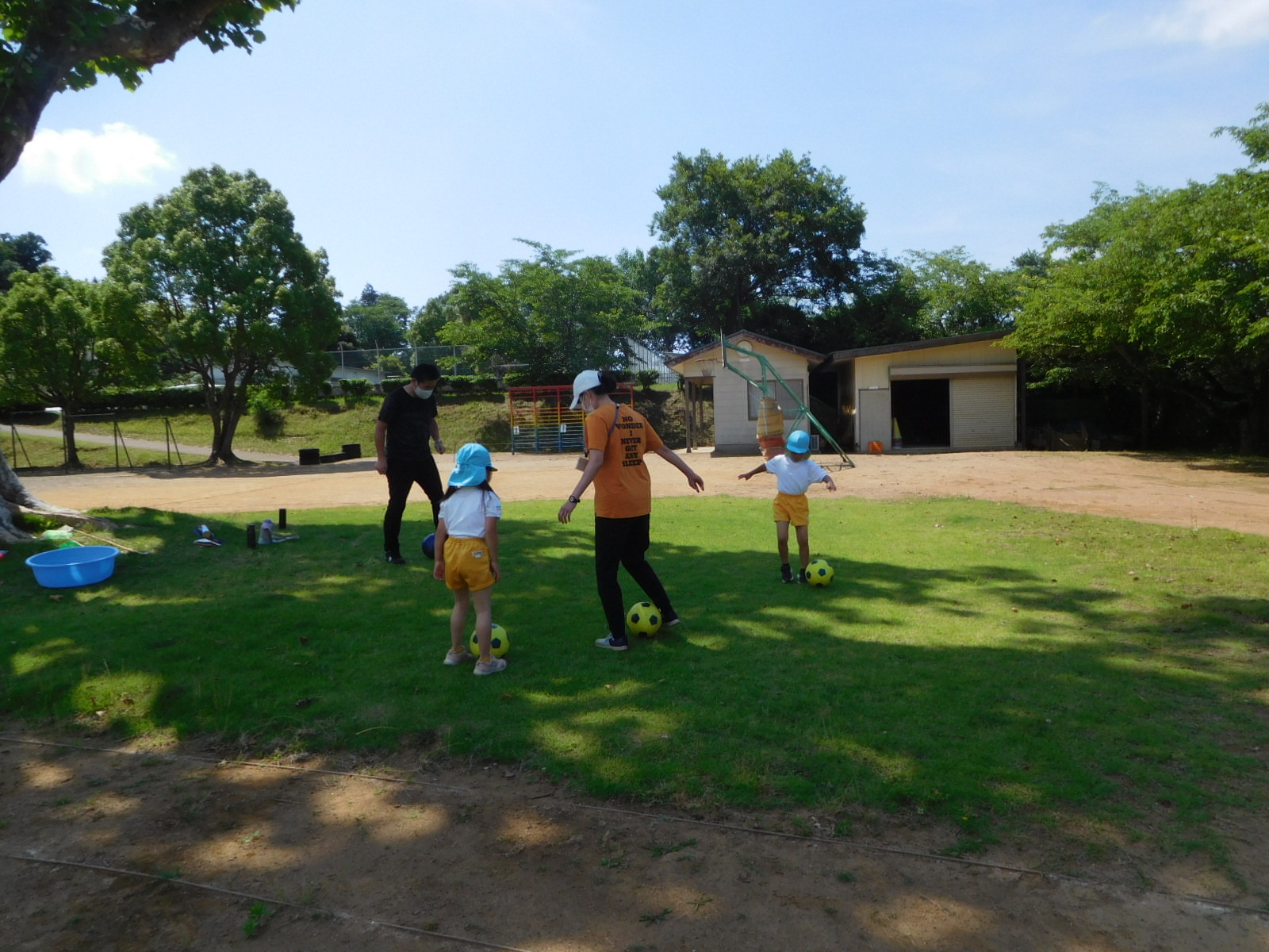 園児と園長先生と女性が、木陰でサッカーボールで遊んでいる写真