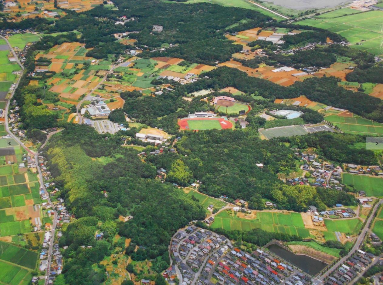 木々や畑などがある地域の上空写真