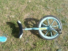 芝生の上に横たえて置かれたフレームとスポークが水色の一輪車の写真