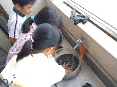 手洗い場でバケツに水をくむ児童たちの写真