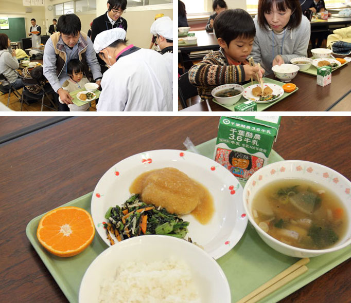 学校給食を食べるツアー参加者のみなさん。